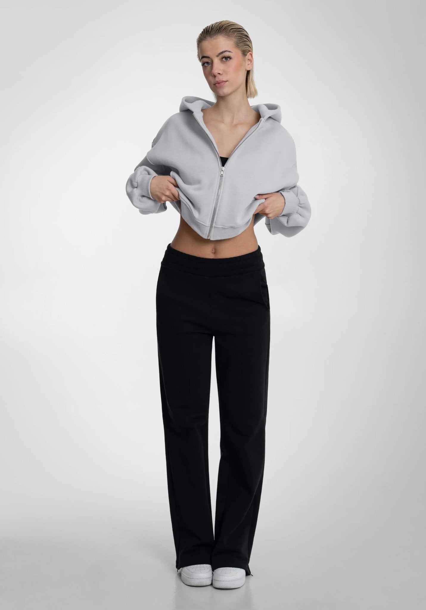 Cropped Oversized Full Zip Hoodie - Light Grey (Grau) – von Straight Outta Cotton