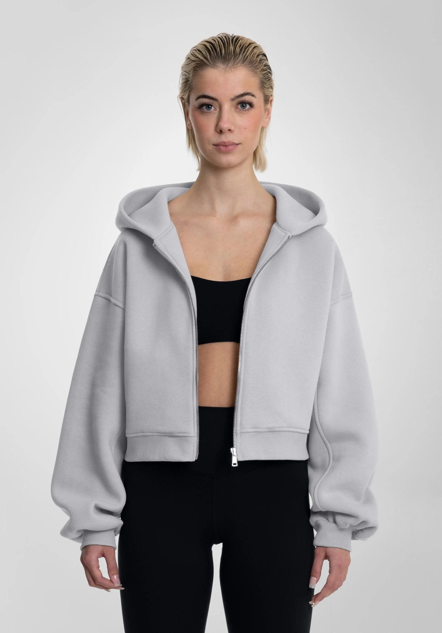 Cropped Oversized Full Zip Hoodie - Light Grey (Grau) – von Straight Outta Cotton