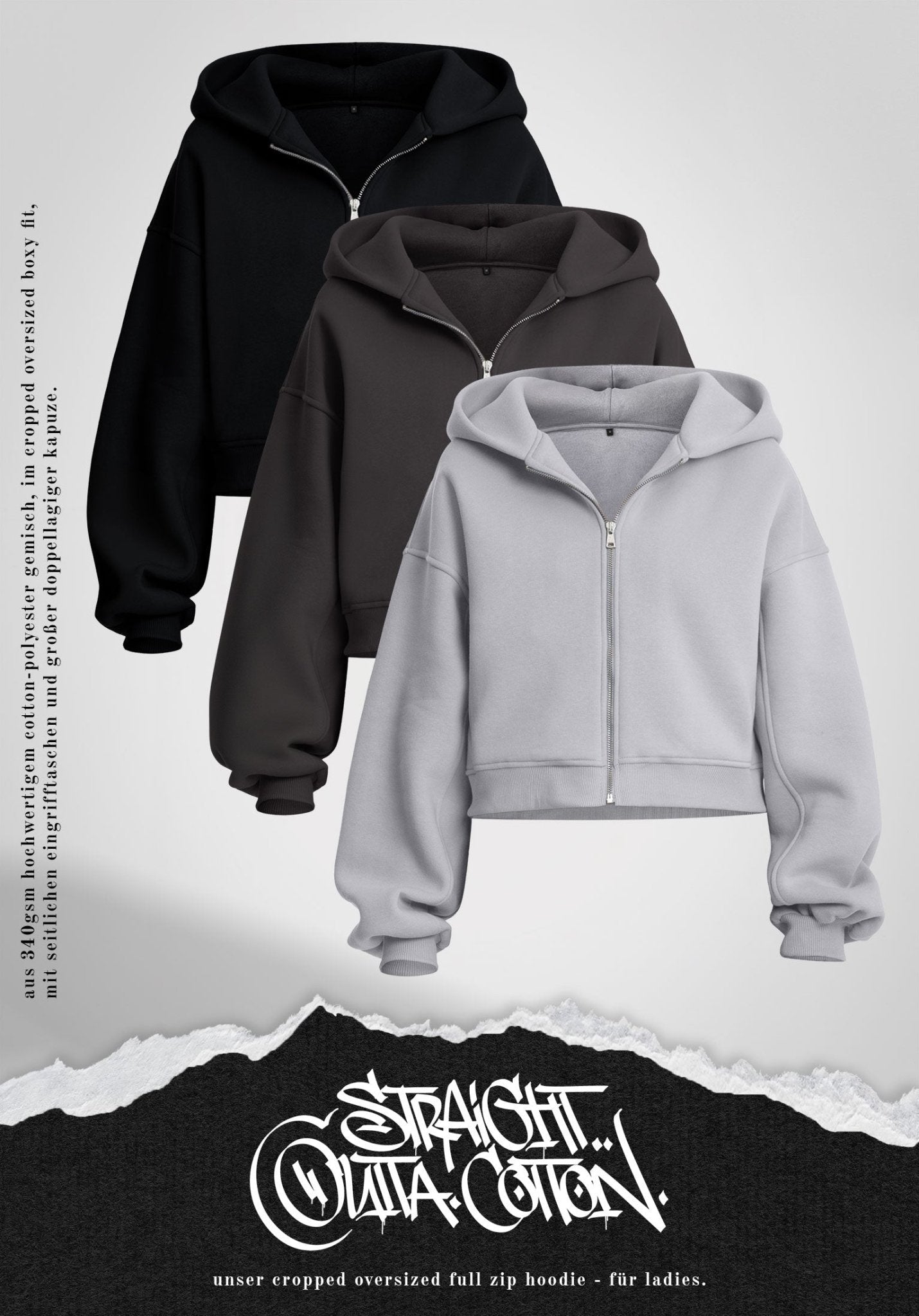 Cropped Oversized Full Zip Hoodie - Slate Grey (Grau) – von Straight Outta Cotton