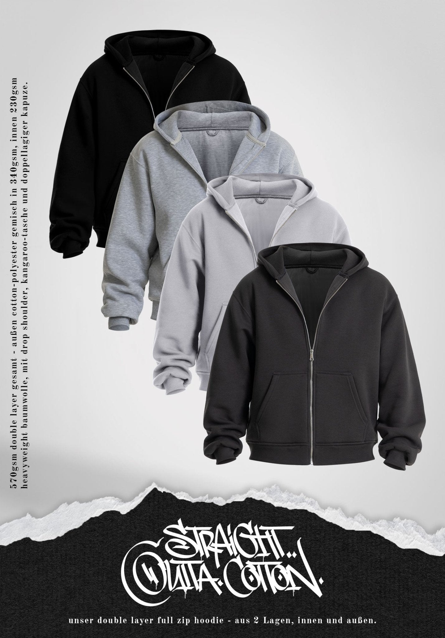 Double Layer Full Zip Hoodie - Black (Schwarz) – Hoodies von Straight Outta Cotton