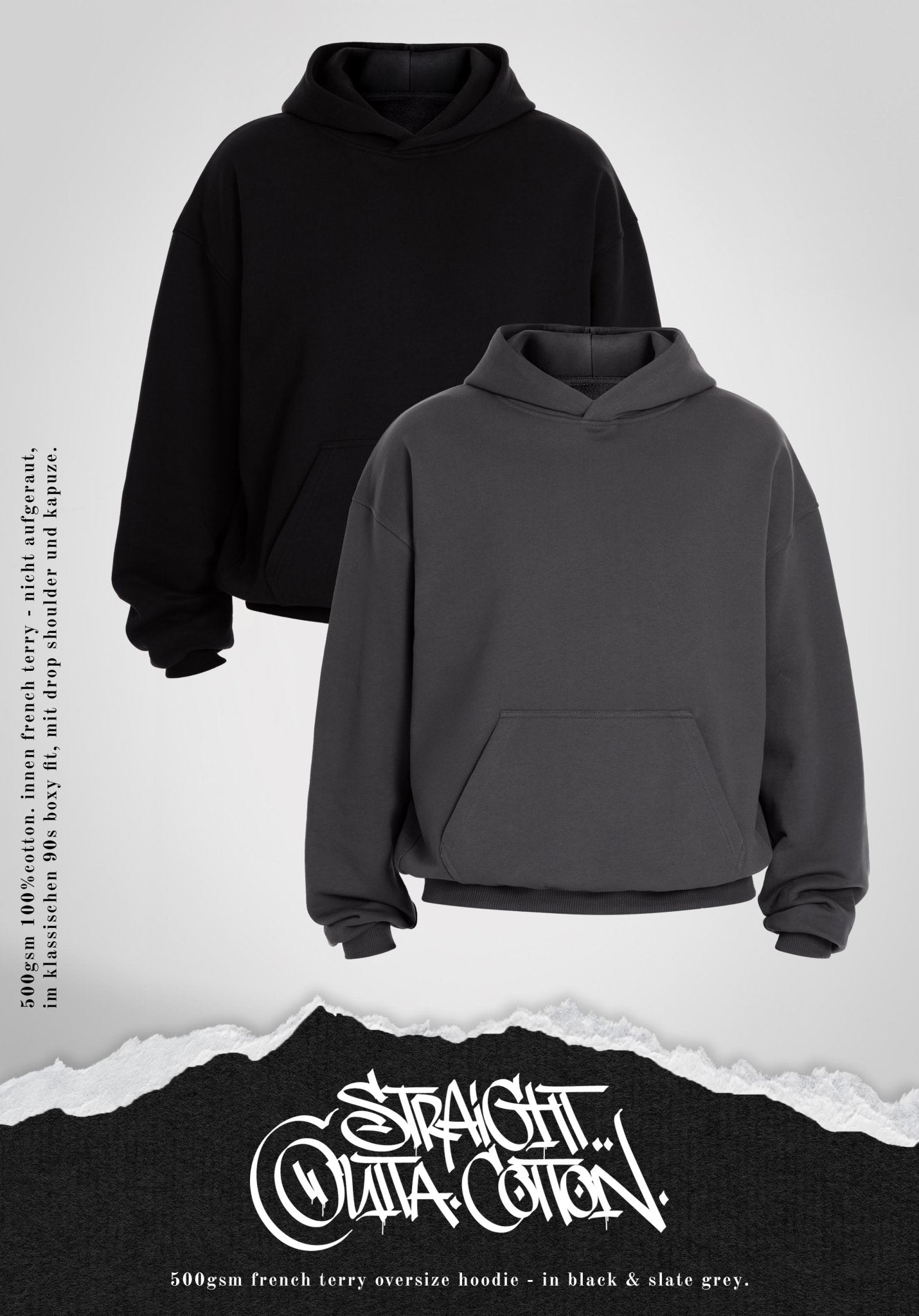 Oversize Hoodie - 500 GSM French Terry 100% Cotton - Black (Schwarz) – Hoodies von Straight Outta Cotton
