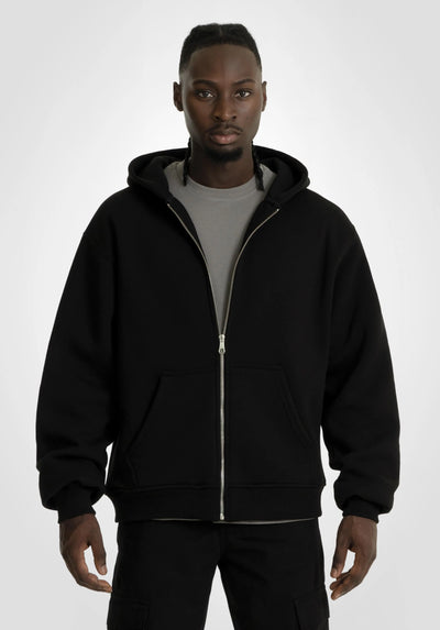 Double Layer Full Zip Hoodie - Black Straight Outta Cotton