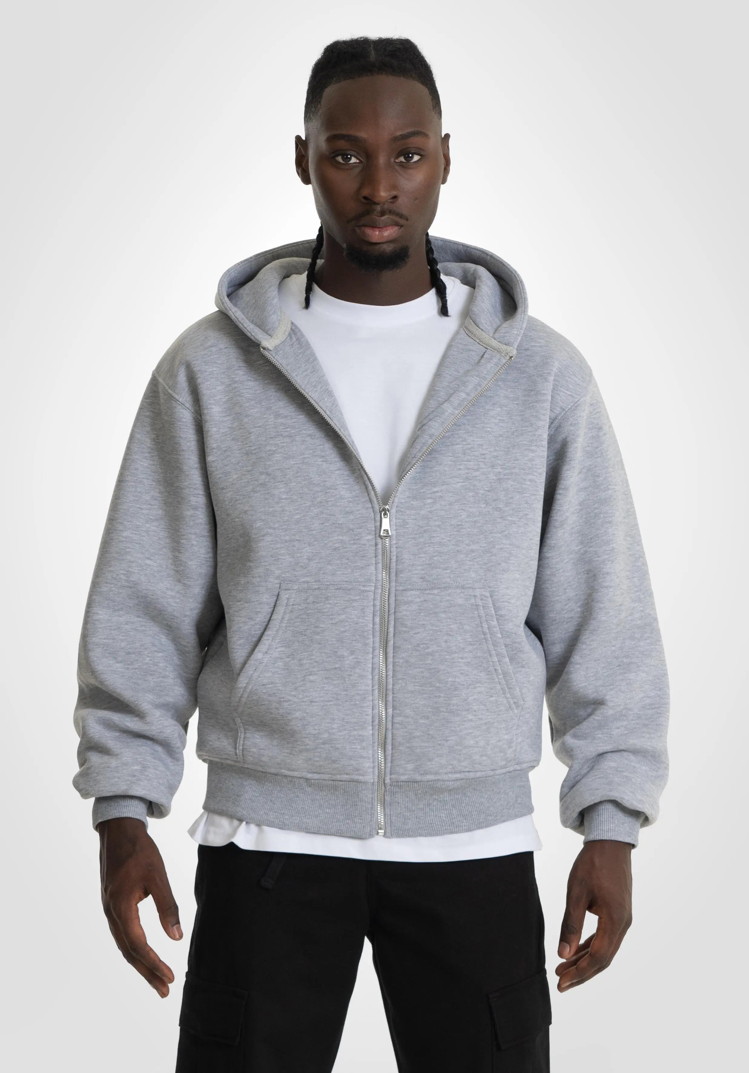 Double Layer Full Zip Hoodie  - Melange Grey Straight Outta Cotton