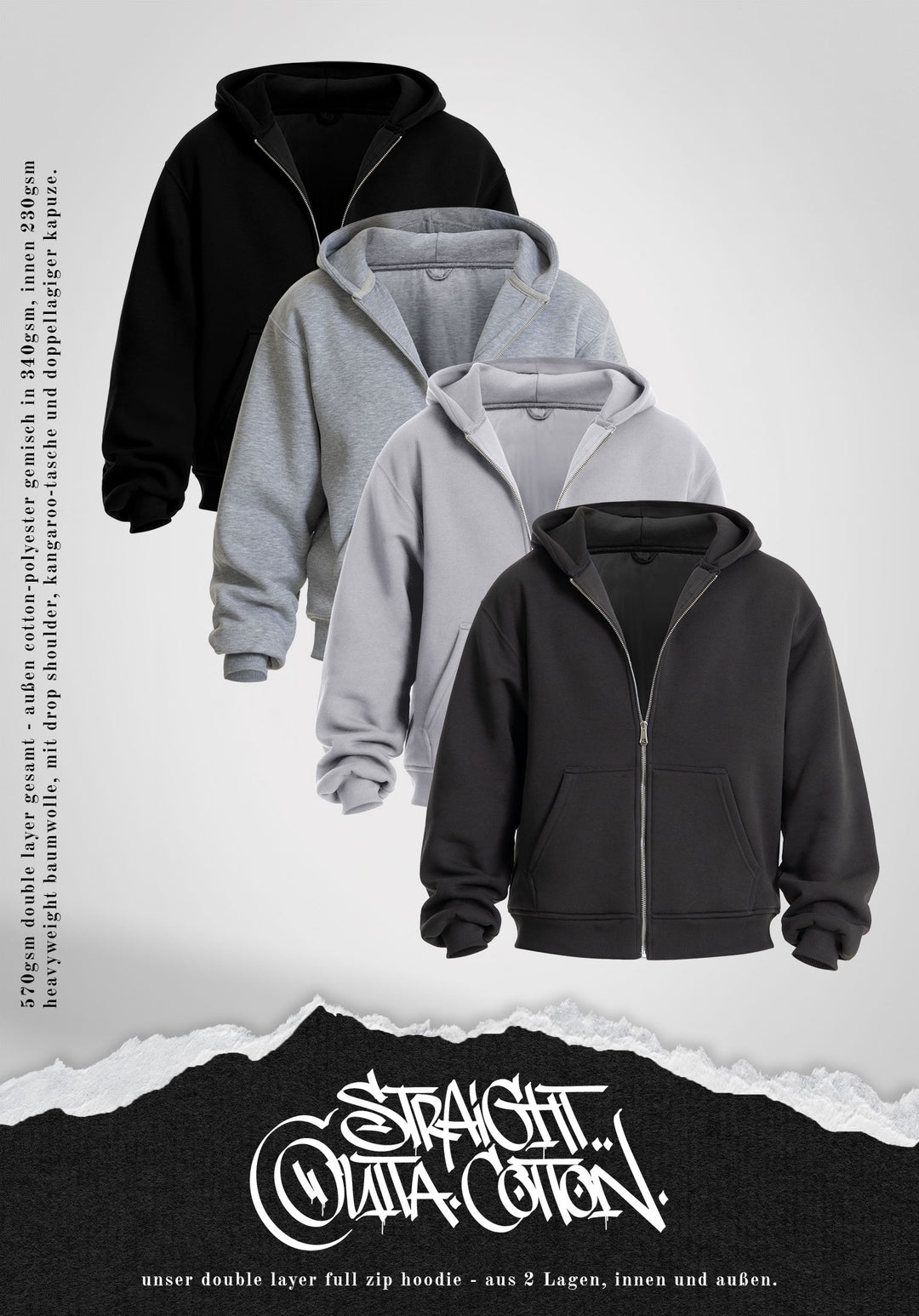 Double Layer Full Zip Hoodie - Melange Grey – Straight Outta Cotton