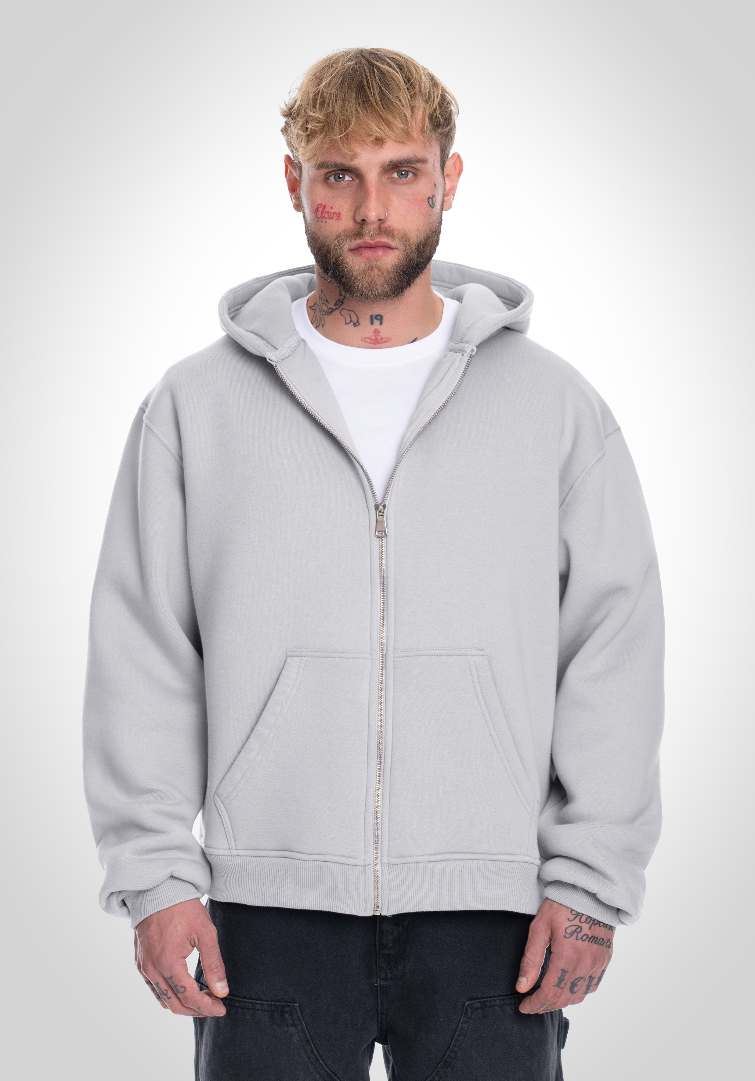 Double Layer Full Zip Hoodie  - Light Grey