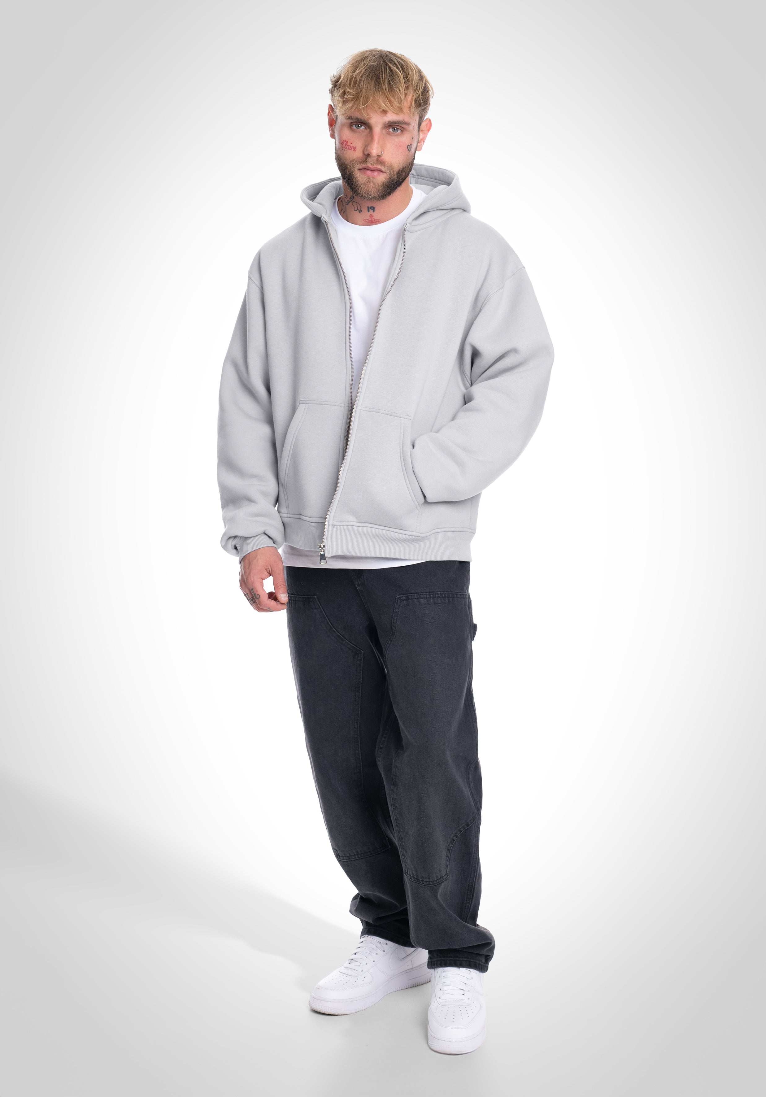 Double Layer Full Zip Hoodie  - Light Grey