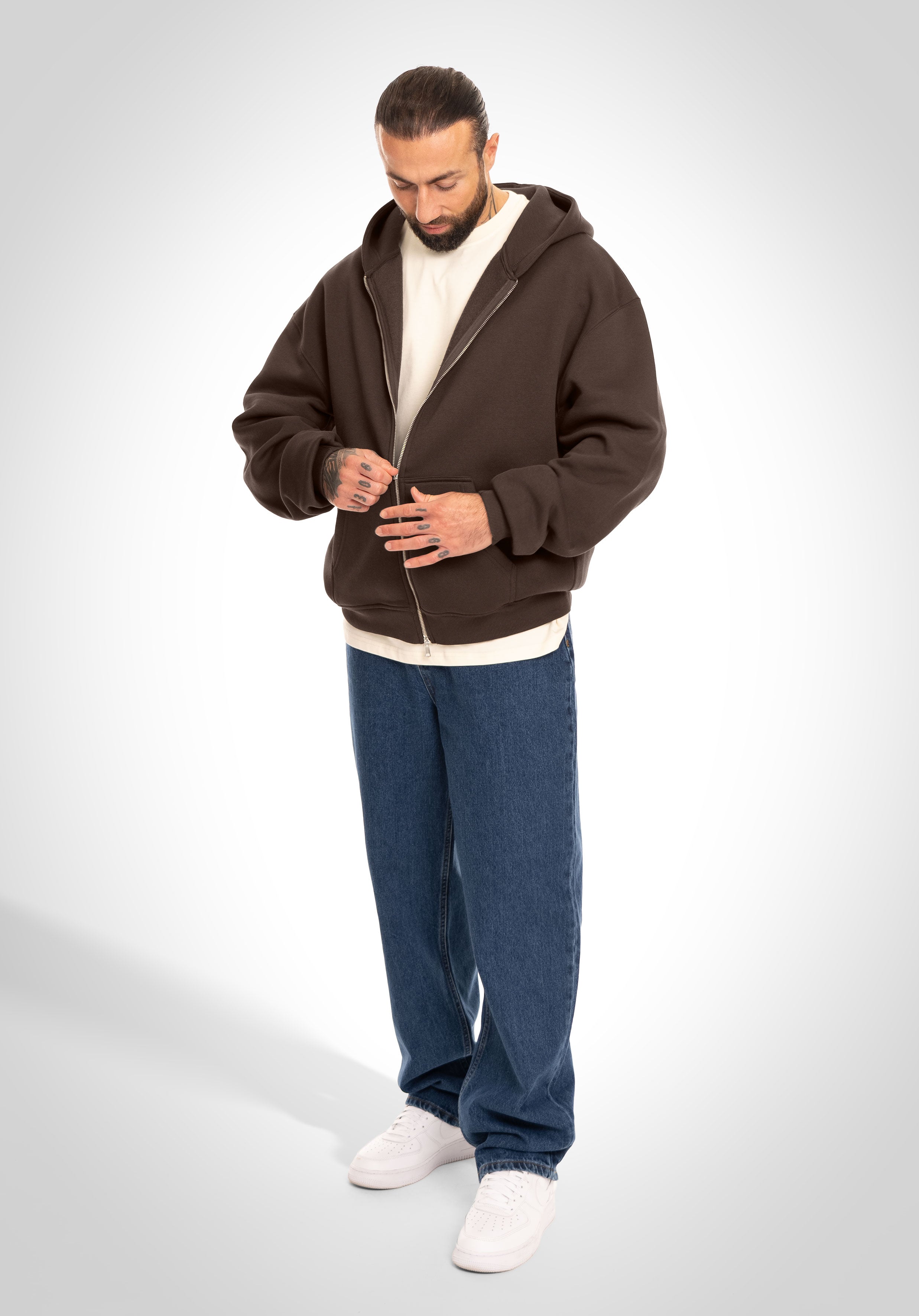 Full Zip Oversize Hoodie - Brown